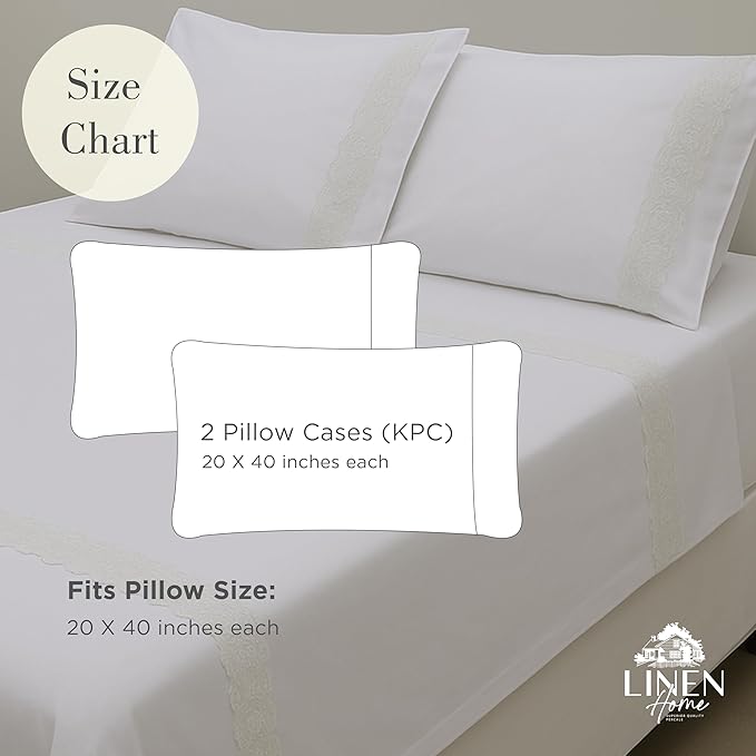 Linen Home 100% Cotton Percale Floral Scallop Lace Pillowcases King Size, White, 2 Pieces of Pillow Case, Crisp and Cool Strong Bed Linen, 20 inches X 40 inches