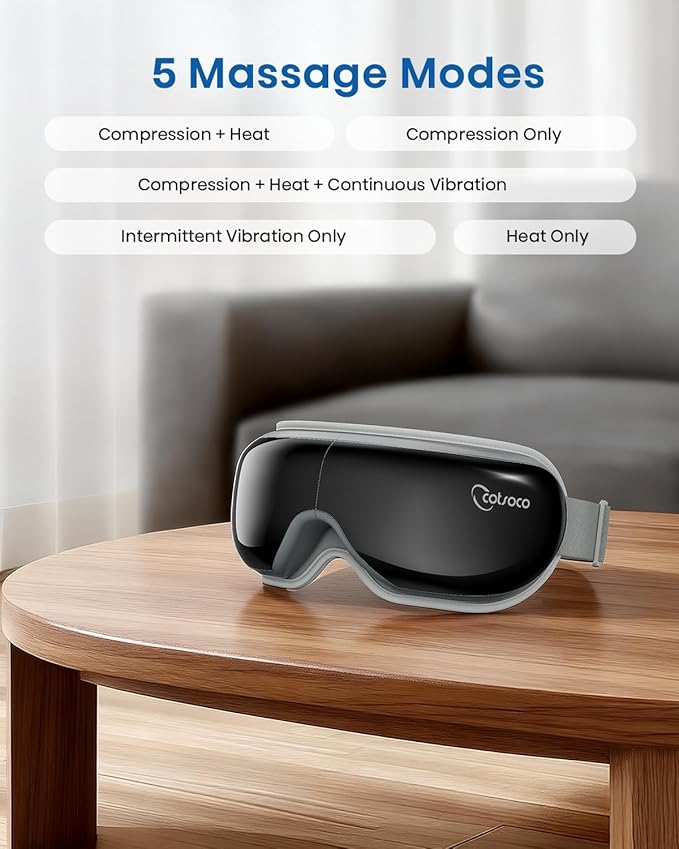 Cotsoco Eye Massager with Heat, Remote, and Compression, Adjustable Foldable Sleep Mask for Relaxing Eyes and Better Sleep, Migraine Relief Device, Birthday Gifts for Women Men Her Him-Black