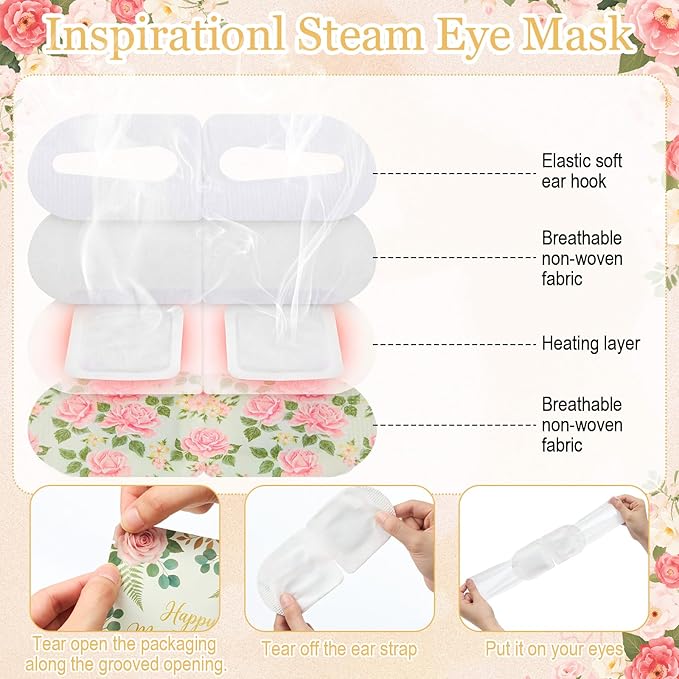 Loopeer 30 Pcs Mother's Day Steam Eye Mask Bulk Disposable Eyes Masks Cover Self Heating Pink Flower Moist Heat Eyemasks Warm Compress for Women Mom Sleep Spa Home Office Travel Relaxing Gifts
