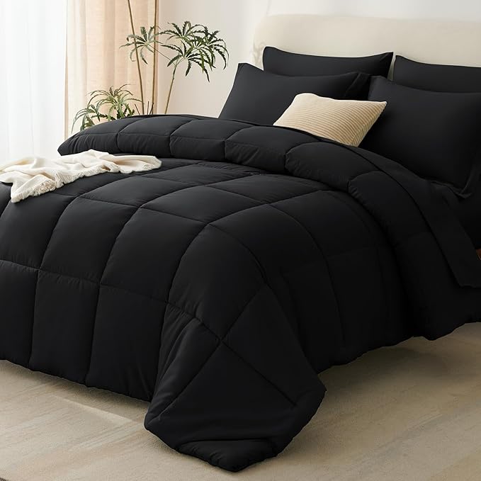 CozyLux Oversized Queen Comforter Sets Black, 7 Pieces Bed in a Bag, 98x98 Box Stitched Design Bedding Set, All Season Luxury Soft Bed Set with Down Alternative Comforter, Sheets, Pillowcases & Shams