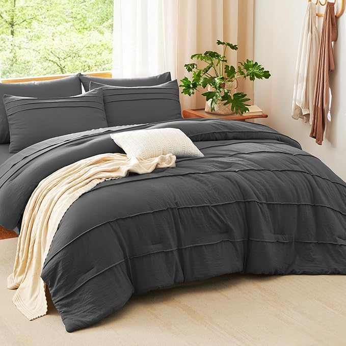 CozyLux Full Size Comforter Sets Dark Grey, 7 Pieces Soft Pinch Pleat Bed in a Bag Full Comforter Set with Sheets, Boho Bed Set with Down Alternative Comforter, Sheets, Pillowcases & Shams