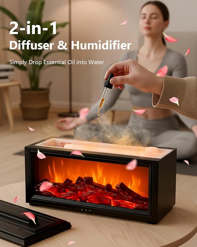 Essential Oil Diffuser, 7-Color Fireplace Fire Flame Aromatherapy Humidifier, 280ml Ultrasonic Aroma Diffuser Cozy Gift with Time Sets and Remote Control for Bedroom Home Yoga Office