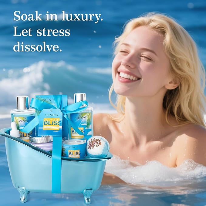 Gift Baskets for Women Spa Gift Baskets for Men Bath and Body Gift Set for Her, Ocean Bliss scents Lotion Spa Gifts for Women Bath Gift for Her or Him Body care gifts Home Spa Kit BathTub