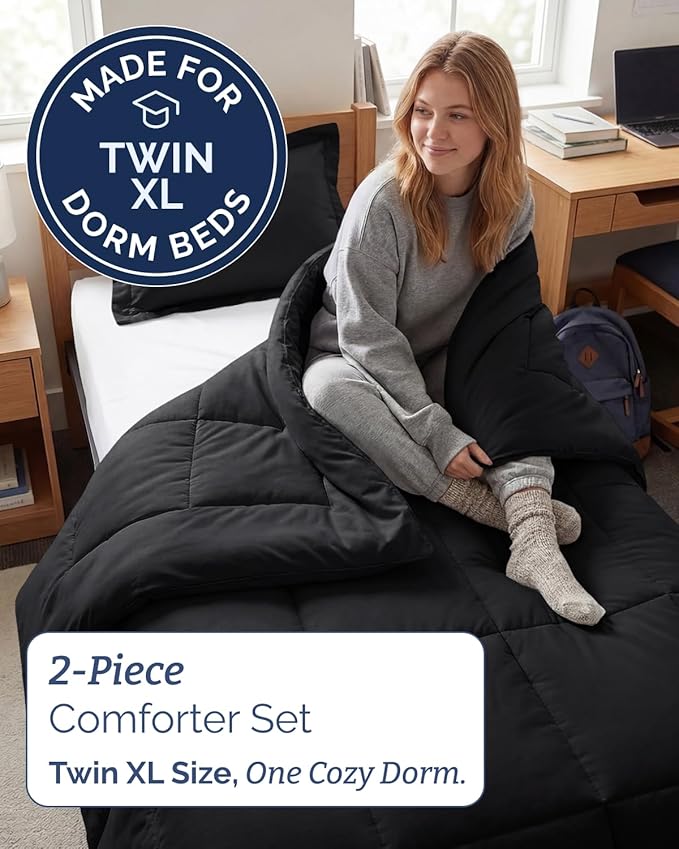 Twin XL Comforter Set - 2 Piece Bed Set for All Seasons - 1 Soft Quilted Comforter with Corner Tabs & 1 Pillow Sham - Comfy & Breathable - Premium Down Duvet Insert - Oeko-TEX - Twin XL Size, Black