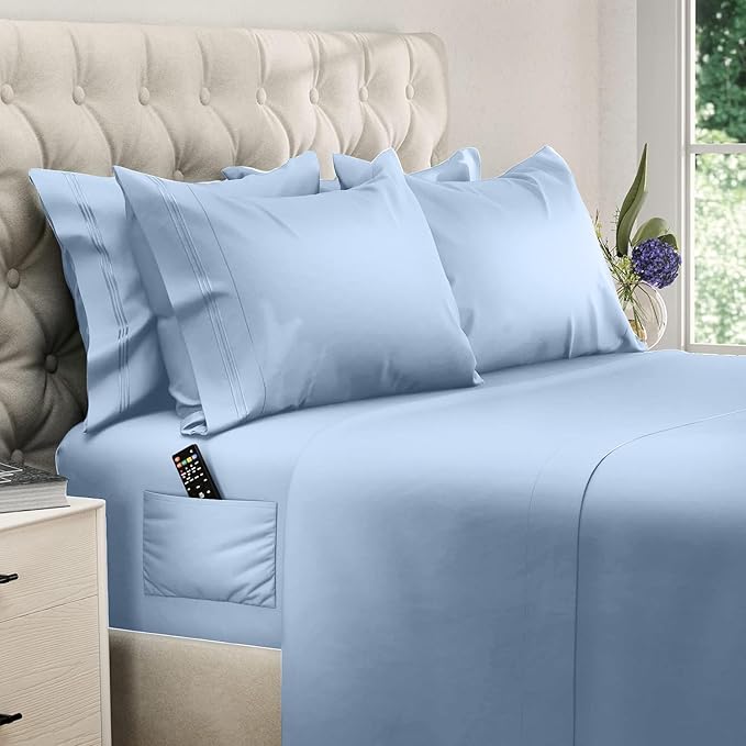 DREAMCARE Queen Sheet Set - 6 pcs Breathable Cooling Bed Sheets - up to 21" Extra Deep Pocket Queen Sheets Set with Side Pockets - Extra Soft 100% Brushed Hypoallergenic Hotel Luxury Bedding - L Blue