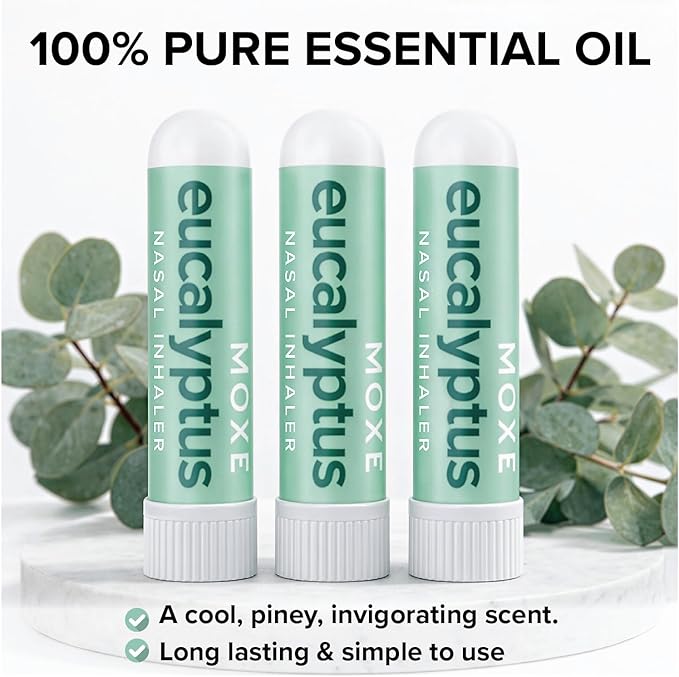 MOXĒ Eucalyptus Essential Oil Nasal Inhaler, Sinus & Congestion Relief, Daily Relaxation, Stress Relief, Therapeutic No-Mess Aromatherapy, Pure and Natural, Made in USA (3 Pack) packaging may vary
