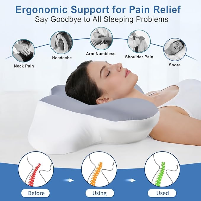 Butterfly Cervical Pillow, Memory Foam with Dual Height (11cm/13cm), Skin-Friendly Breathable Fabric, Ergonomic Neck Support for Sleep Relief Grey &White