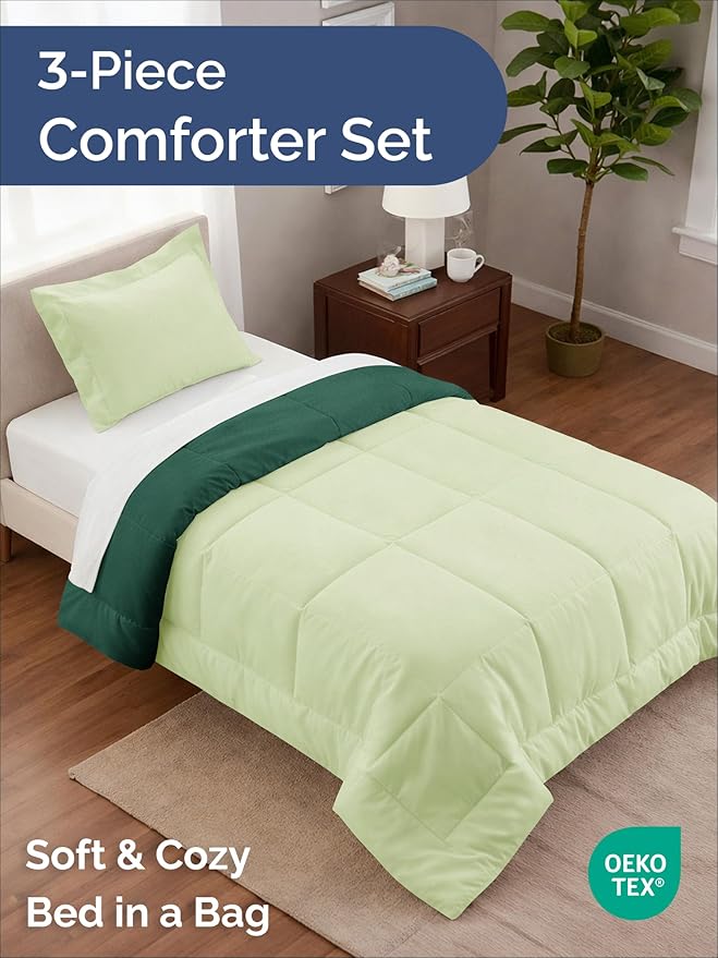 Twin Comforter Set - 2 Piece Bed Set for All Seasons - 1 Soft Quilted Comforter with Corner Tabs & 1 Pillow Sham - Comfy, Cozy & Breathable - Premium Down Duvet Insert - Twin Size, Emerald/Light Sage