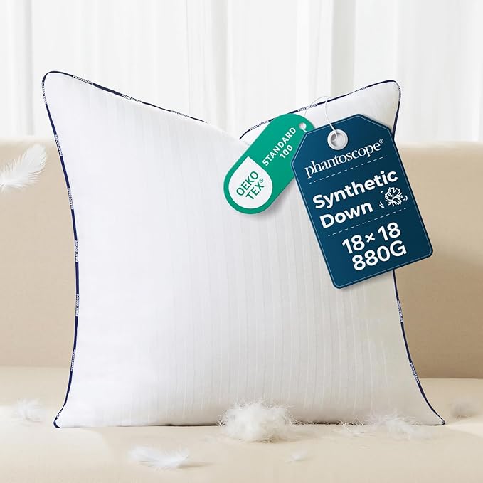 Phantoscope 18x18 Synthetic Down Alternative Pillow Inserts, Handmade Down Pillows Insert Sleeping Throw Pillows with 100% Cotton Cover Decorative Pillow Stuffer for Sofa, Couch Bed(White, Set of 1)