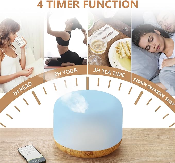 Oil Diffuser, 500ml Essential Oil Diffusers, Aromatherapy Diffuser with 2 Mist Mode 4 Timers＆7 Ambient Light Waterless Auto Off, Diffusers Large Room Home Office