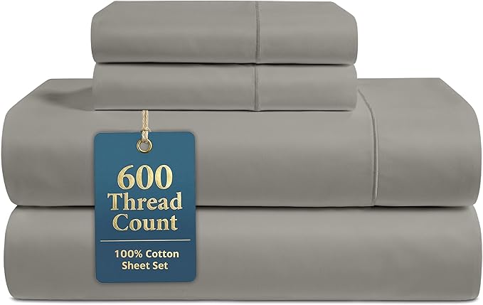 LANE LINEN Cal King Sheet Set - 600 Thread Count Premium Sateen Weave for Hotel Quality Softness - Extra Comy & Breathable Cotton Sheets for Luxury Guest Rooms - Oeko Tex Certified - Silver