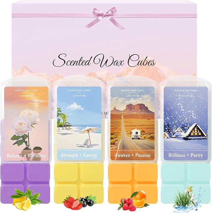 SCENTORINI Wax Melts, Wax Cubes Strong Scent for Healing Relax, Scented Wax Melts for Warmer - Lemon Green Tea/Strawberry Blackcurrant/Raspberry Orange/Ocean Grass Bellflower, 2.5 oz 4-Pack