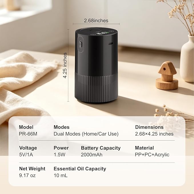 ASAKUKI Waterless Diffuser Essential Oils,Portable & Cordless Design,Adjustable Mist Levels and Timer,0.34 fl. oz. / 10 ml,Built-in Rechargeable Battery,Essential Oil Diffuser for Home,Car and Room