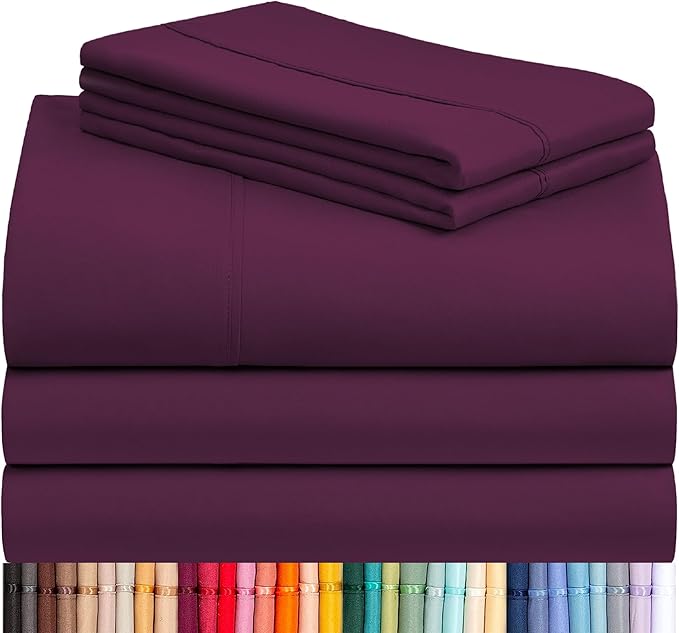 LuxClub 5 PC Split King Sheet Set, Breathable Luxury Bed Sheets, Deep Pockets 18" Eco Friendly Wrinkle Free Cooling Sheets Machine Washable Hotel Bedding Silky Soft - Eggplant Split King