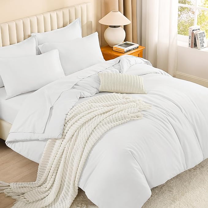 Litanika Comforter Full Size Set White - 7 Pieces Bed in a Bag Full Bedding Comforter Sets, Plain Lightweight Bed Set with Comforter, Sheets, Pillowcases & Shams