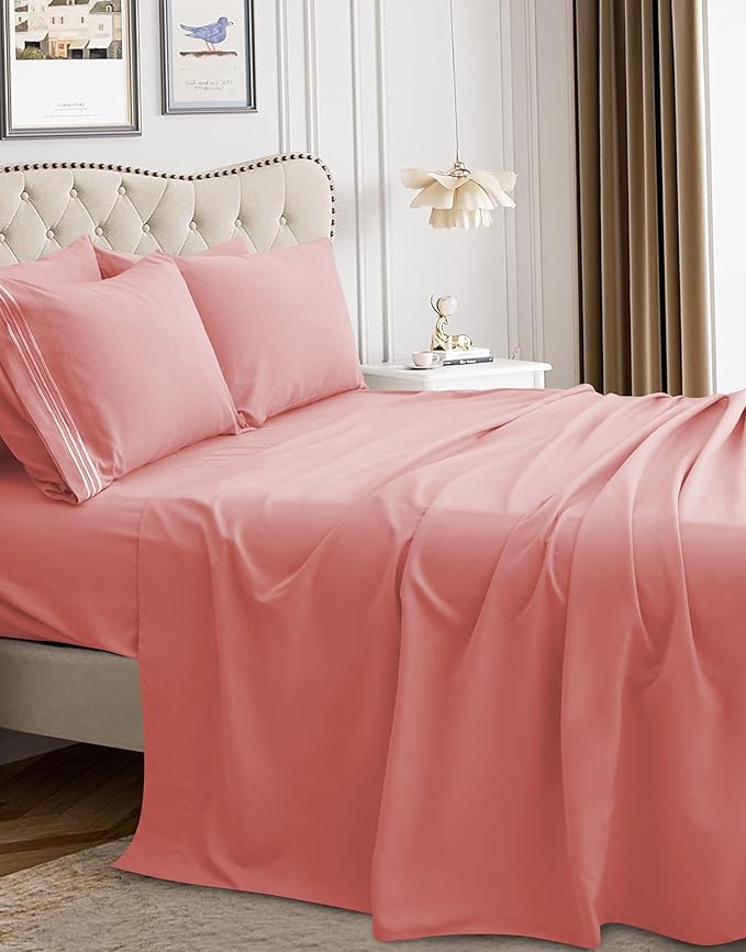 Mocassi Luxury Full 4-Piece Sheet Set - 1800 Premium Hotel Quality - Easy-Fit, Wrinkle, Fade Resistant Bed Sheets and Pillowcases - All Around Elastic Fitted Sheet, Deep Pocket, Dusty Rose