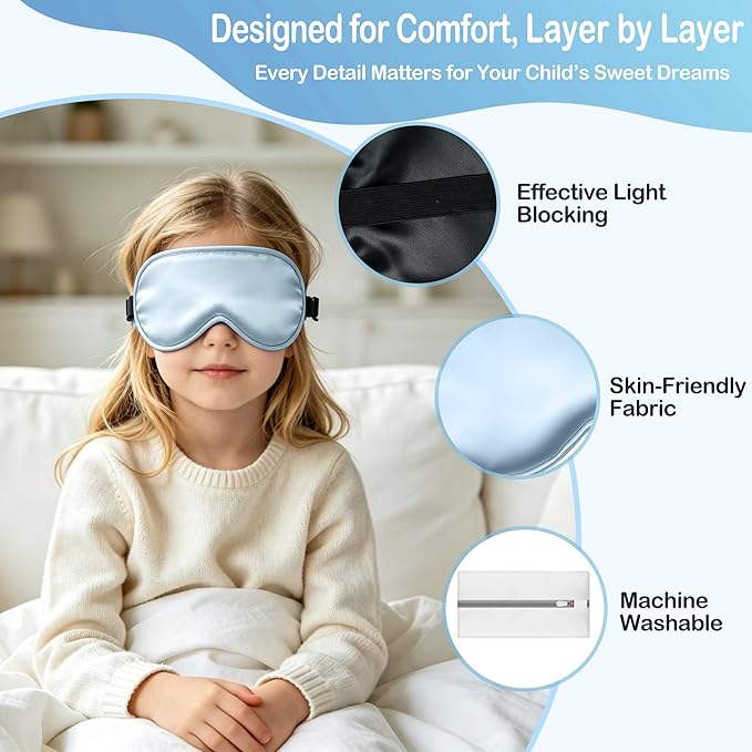 Kids Sleep Mask Eye Cover, Silk Sleeping Mask for Kids, Soft Blackout Blindfold Eye Mask with Adjustable Strap & Laundry Bag for Easy Washing, Gift for Girls Boys Ages 5-15 (Blue)