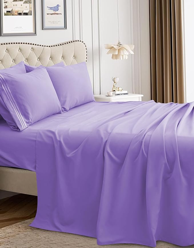 Mocassi Luxury King 4-Piece Sheet Set - 1800 Premium Hotel Quality - Easy-Fit, Wrinkle, Fade Resistant Bed Sheets and Pillowcases - All Around Elastic Fitted Sheet, Deep Pocket, Lilac