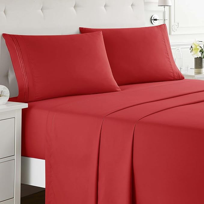 Clara Clark California King Sheets Set, Deep Pocket Bed Sheets for Cal King Size Bed - 4 Piece Bed Sheet Set, Extra Soft Bedding Sheets & Pillowcases, Cal King Cherry Red