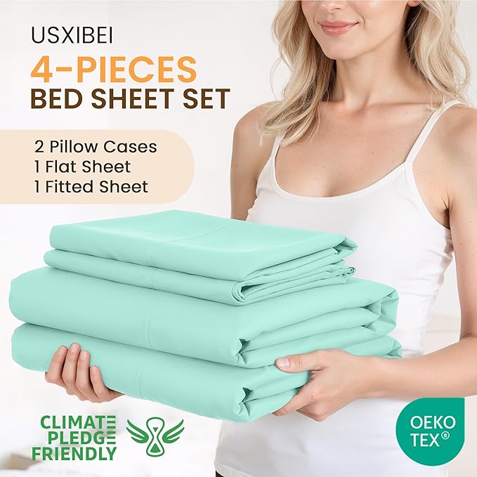 Queen Size 4 Piece Bed Sheet Set - Premium Breathable & Cooling Sheets - Ultra Imitation Cotton - Hotel Luxury Bed Sheets Deep Pocket up to 15"- Wrinkle, Fade, Stain Resistant (Spa Blue, Queen)