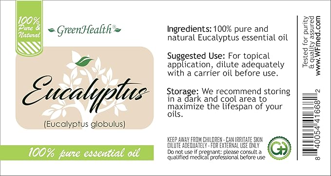 GreenHealth Eucalyptus Globulus Essential Oil – 32 fl oz (946 ml) Aluminum Bottle w/Plug Cap – 100% Pure Essential Oil