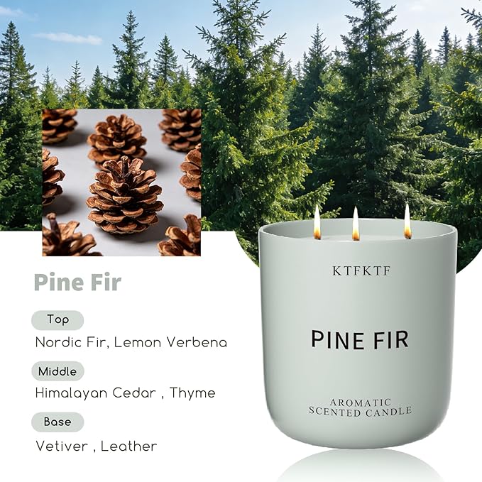 Pine Scented Candle for Home - 3-Wick 14.1oz 80-Hour Long Burning, Non-Toxic Soy Wax Candles - Aromatherapy Candle for Positive & Relaxation, Crisp Woody Forest Scent for Home Decor