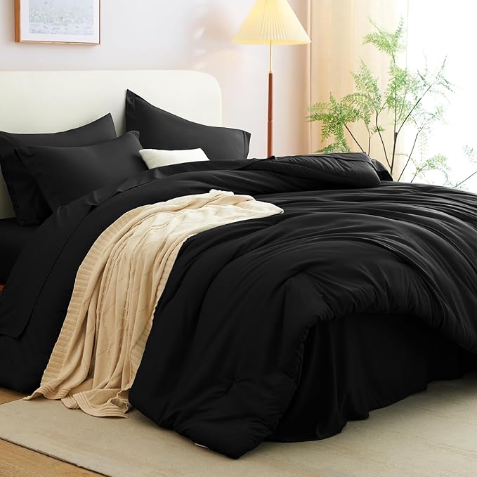 CozyLux Full Size Comforter Sets Black, 7 Pieces Bed in a Bag Full Comforter Set with Sheets, Luxury Soft Bedding Set with Down Alternative Comforter, Fitted Sheet, Flat Sheet, Pillowcases & Shams