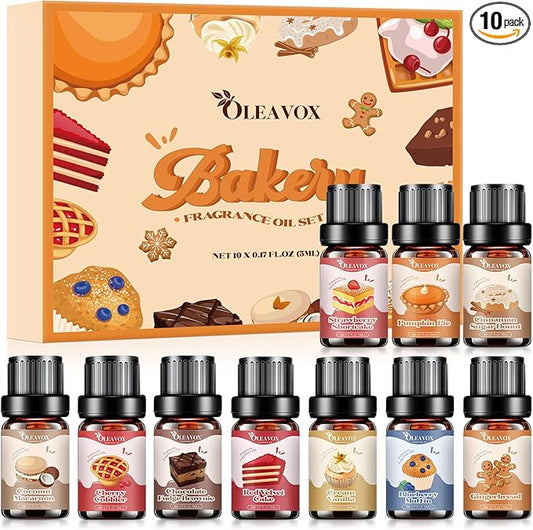 Bakery Essential Oils Set,Premium Fragrance Oil for Diffusers, Scents for Candle & Soap Making, Pumpkin Pie, Cream Vanilla, Gingerbread,Cinnamon Sugar Donut and Cake More 10x5ml,Aromatherapy Oils