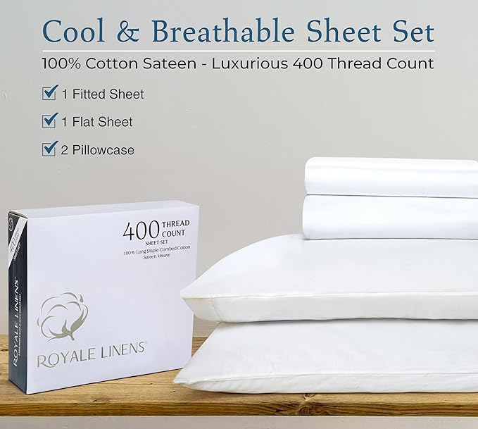 Royale Linen 400 Thread Count 100% American Grown Cotton 4 Piece Sateen Queen Sheet Set - 1 Fitted Sheet, 1 Flat Sheet, 2 Pillow case - White Queen Bedsheet - Cotton Sheets - (Queen, Signature White)