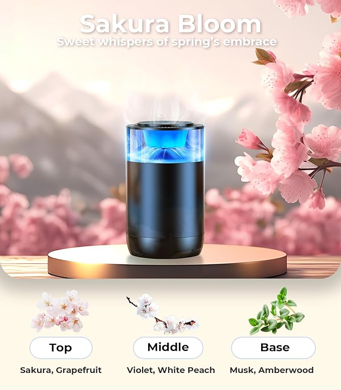 Hitolza Smart Car Air Fresheners, Ambient Light & Mist Fragrance, Auto On/Off Car Air Freshener Diffuser, Adjustable Intensity, Lasts 6 Months, Built-in Battery, Premium Scents Refill X2 - Sakura