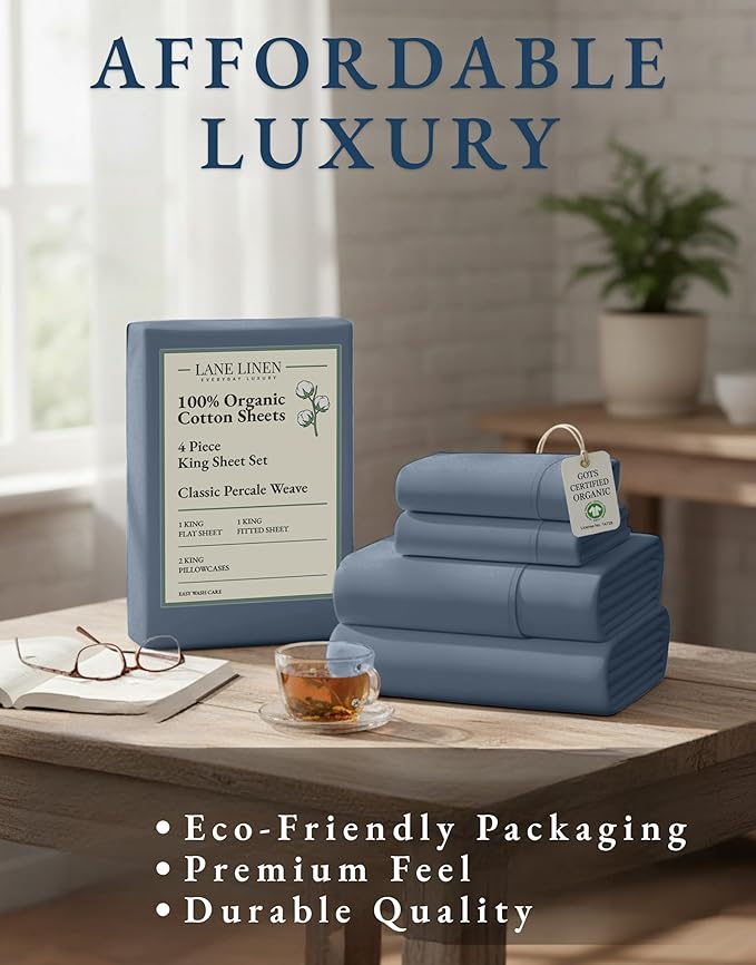 LANE LINEN 100% Organic Cotton Sheets for King Size Bed - Soft Percale Sheets, Breathable Luxury Hotel Style Machine Washable Fully Elasticized Mercerized 15" Deep Pocket King Sheet Set- Estate Blue