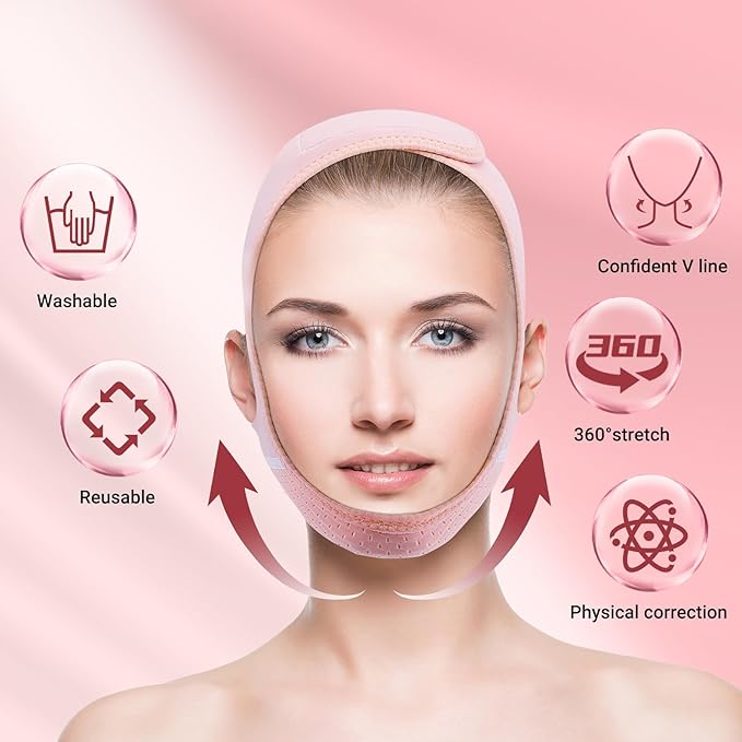 Juskaa Reusable V Line Lifting Mask with Chin Strap for Sleeping,Face Lift Prevent Sagging, Jaw Exerciser,Light pink,M,2PCS