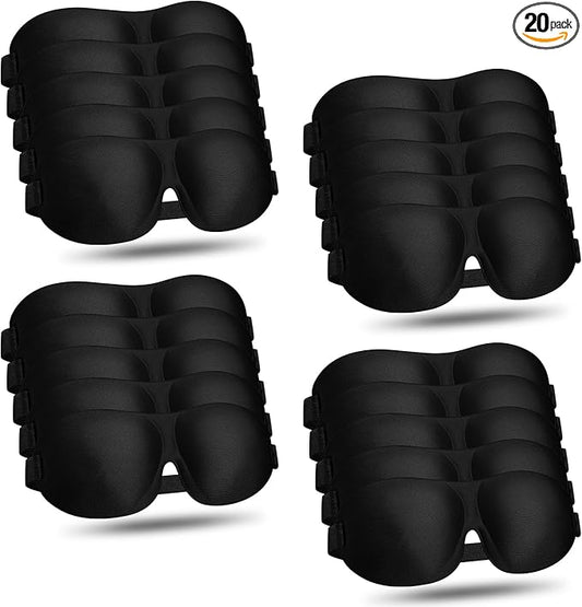 Bonuci 20 Pack Sleep Mask Blackout 3D Eye Mask for Ultralight Sleeping Night Blindfold Eye Covers with Adjustable Strap for Men Women Travel Gift Back and Side Sleeper (Black Bulk)
