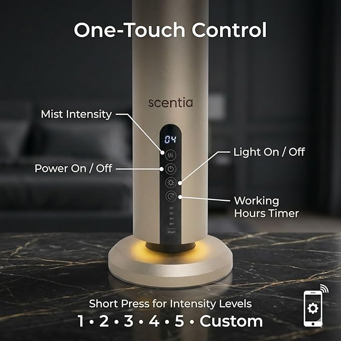 Scentia Wireless, Cold Air, Waterless Hotel Scent Diffuser for Home,Office or Spa Aromatherapy | Includes Premium USA-Made Oil Blend | App Controlled, | Covers 1500 Sq Ft | 72 Hrs in 1 Charging |Gold