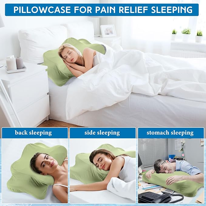 Hahafelt Cooling Cervical Pillowcase Cover with Envelope Closure (Only Pillow Case) Ergonomic Neck Pillowcase Smooth Soft Cool Pillow Cover for Side Back Stomach Sleepers (Sage Green,Queen Size)