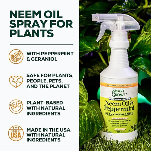 Neem Oil Spray for Plants with Peppermint Oil, Natural Plant Wash Made for Indoor Household Plants Smart Grower 32oz Easy Ready to Use Spray