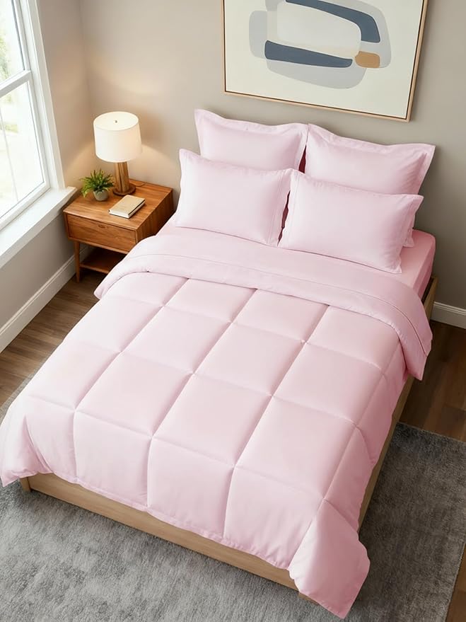 Queen Comforter Set - 7 Piece Bed in a Bag Queen Size Bed Set - Down Alternative Comforter, Flat Sheet, Fitted Sheet, Pillowcase & Shams for All Seasons - Ultra Soft, Comfy, Breathable - Lavender Pink
