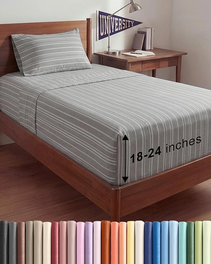 Extra Deep Twin XL Sheet Set - 3 Piece Breathable & Cooling Bed Sheets - Easily Fits 18 to 24 inch Mattress - Soft, Wrinkle & Fade Free w/ Extra Deep Pockets - Hotel Luxury Bedding - Grey Stripes 3