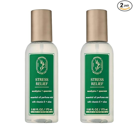 Bath & Body Works Aromatherapy Eucalyptus Spearmint Essential Oil Mist, Body Spray with Vitamin E and Aloe, Pillow Spray for Stress Relief, 5.3 fl oz - 2 Pack