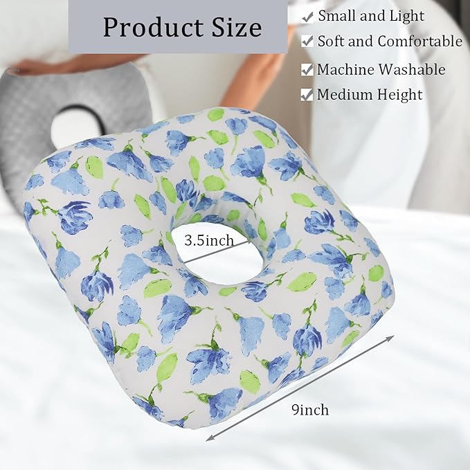 Ear Piercing Pillow for Side Sleepers, Pillow with an Ear Hole for CNH and Ear Pain Ear Inflammation Pressure Sores, O-Shaped Side Sleeping Pillow, Ear Guard Pillow (Blue Iris Flowers)