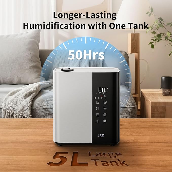 JRD Warm & Cool Mist Humidifiers for Bedroom 5L, Quiet Ultrasonic Air Humidifier Fast Symptom Relief, 50H Runtime, 12H Timer, Oil Diffuser, 7 Color Light for Large Room, Office, Baby, Plants-White