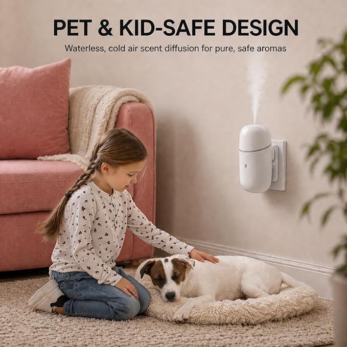 Waterless Essential Oil Diffuser, Cold Waterless Diffuser with Low/High Switch, Plug in Diffuser with Night Light, Quiet Wall Aromatherapy Diffuser for Home Living Room Bedroom Bathroom White
