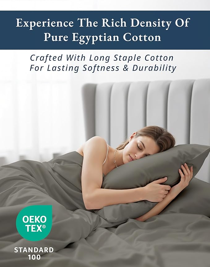 LANE LINEN 100% Egyptian Cotton Sheets Queen Size Bed Set – Naturally Cooling & Breathable Sateen Queen Sheets Set, Long-Staple Cotton for Lasting Softness, Snug Fit 15" Deep Pocket Fitted - Charcoal