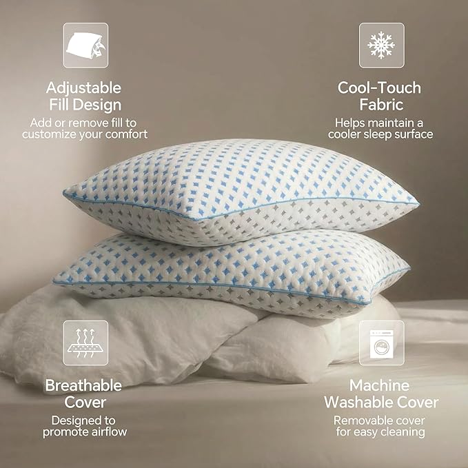 Pillows Standard Size Set of 2 for Sleeping, Cooling Adjustable Memory Foam Pillows, Dual Fill Design Helps Maintain Shape, Breathable Washable Cover