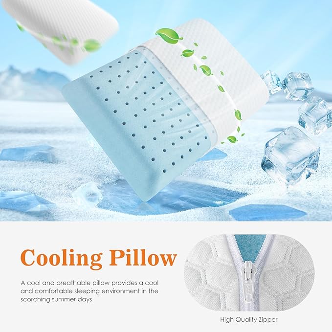 DUMOS Memory Foam Pillows for Sleeping 1 Pack, Bed Pillows for Adults with Washable Cover and Breathable Mesh, Gel Cooling Pillow for Back and Side Sleeper Support, White