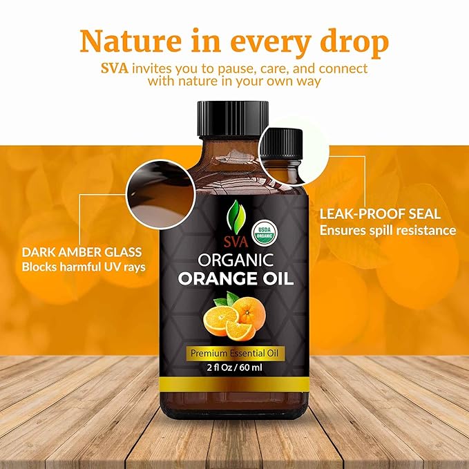 SVA Orange Essential Oil Organic – 2 Fl Oz – 100% Natural Organic Orange Oil - for Diffuser, Hair, Face, Skin Care, Aromatherapy, Scalp and Body Massage, Soap and Candle Making - with Dropper