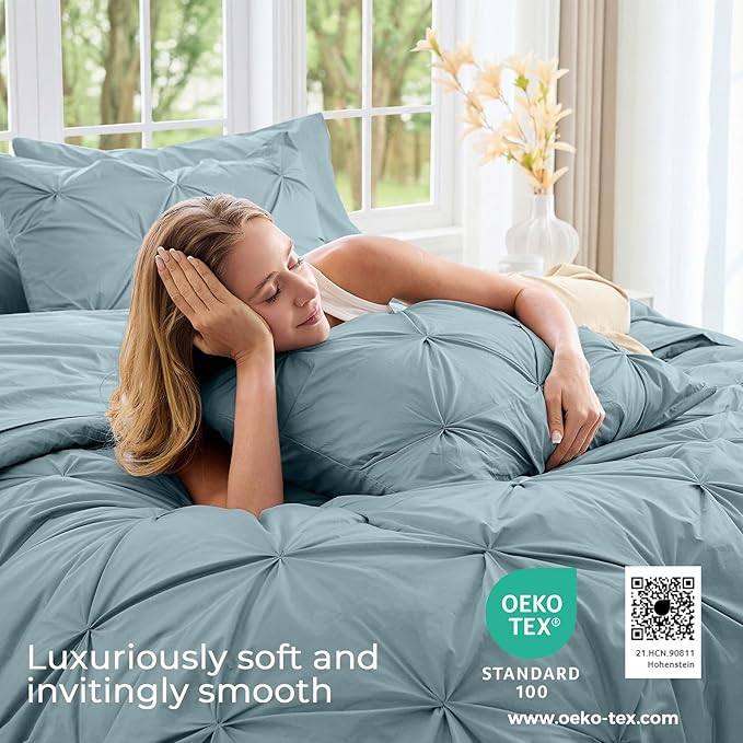 Sasttie Queen Comforter Set, 7-Piece Bed in a Bag, Pintuck Bedding Sets for All Season, Includes Comforter, Flat Sheet, Fitted Sheet, Pillowcases and Pillowshams, Greylish Blue