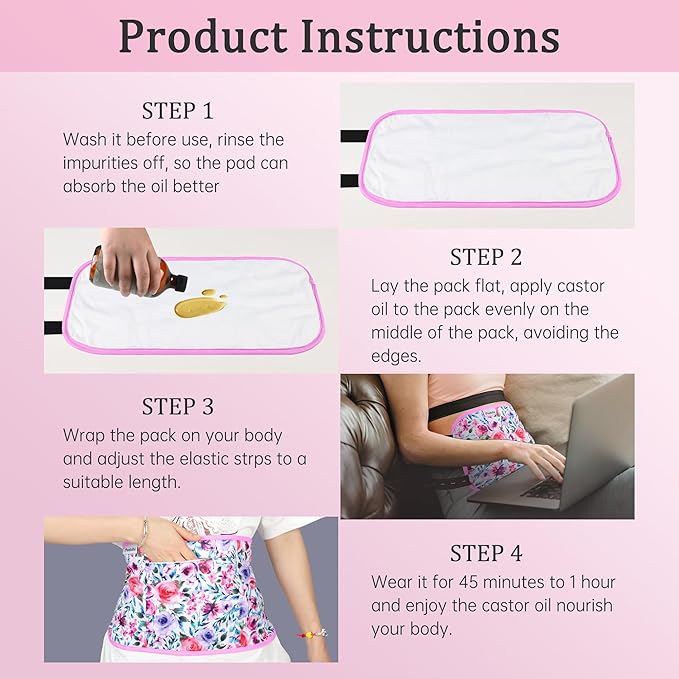 Reusable Castor Oil Pack Wrap for Liver Detox, Castor Oil Wrap for Stomach Less Mess, Elastic Strap Machine Washable Anti Oil Leak 2pcs，Flower