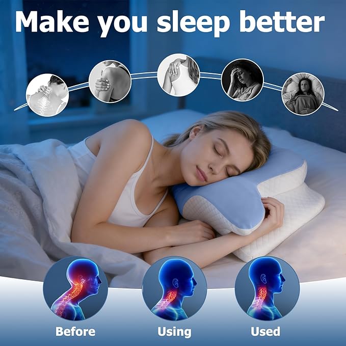 Memory Foam Neck Pillow - Adjustable Orthopedic Contour Pillow for Neck & Shoulder Support, Odorless, Side Back Stomach Sleeper Friendly, Enhanced Spinal Alignment - Light Blue