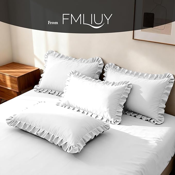 Ruffle Pillow Cases King Size Set of 2 – Soft Wrinkle Resistant Brushed Microfiber Ruffled Pillowcases –Envelope Pillow Shams Cover Festive Gift for Hotels, Guest Rooms 20x36 Inch (White)